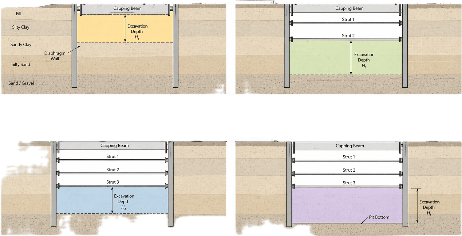深基坑工程分阶段开挖与支护示意图