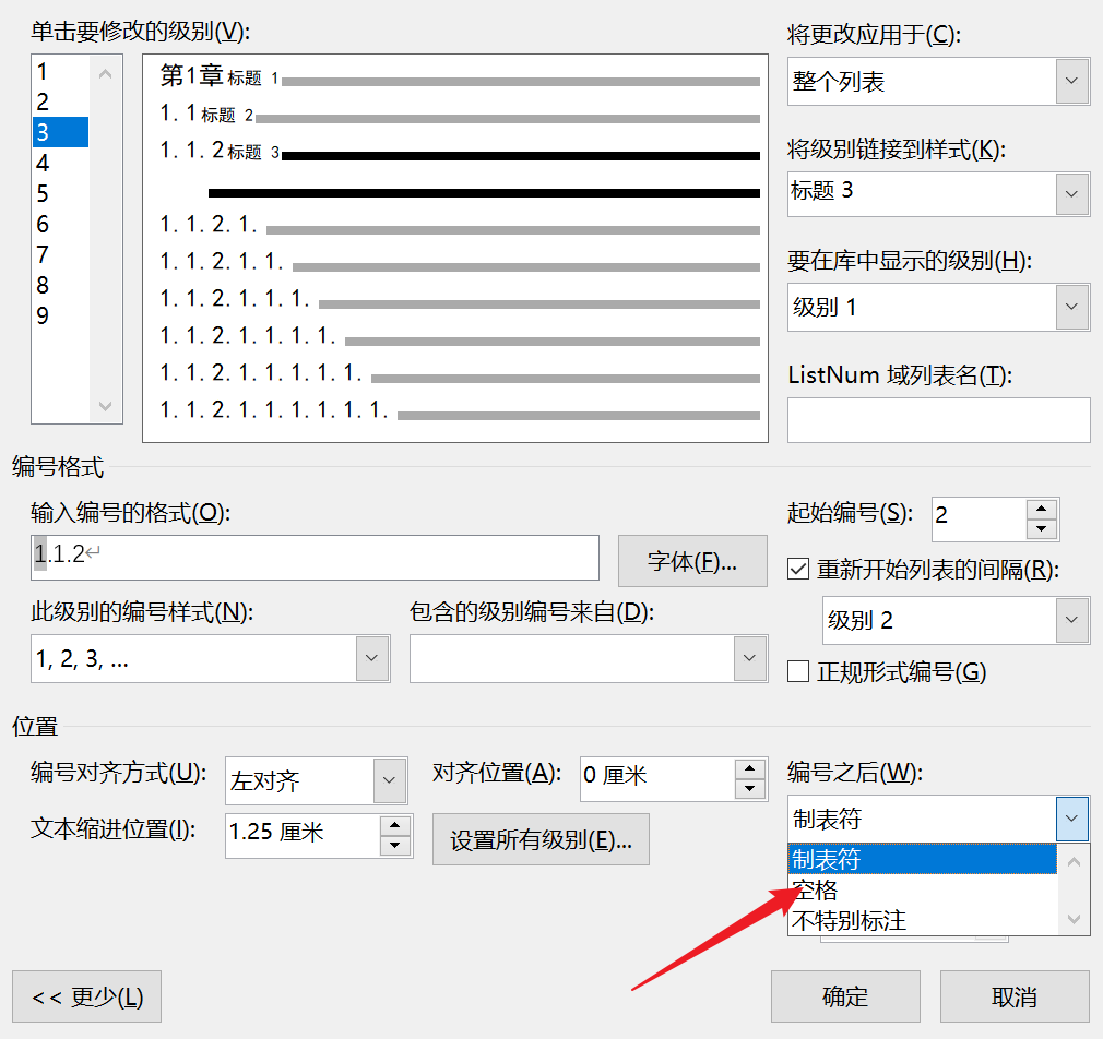 编号之后设置为空格